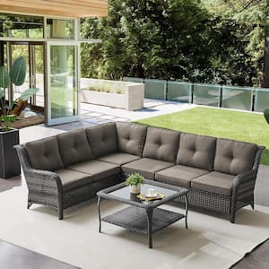 3-Piece Gray Wicker Outdoor Sectional Set with Olefin Gray Cushions and L-Shaped Sofa/Coffee Table