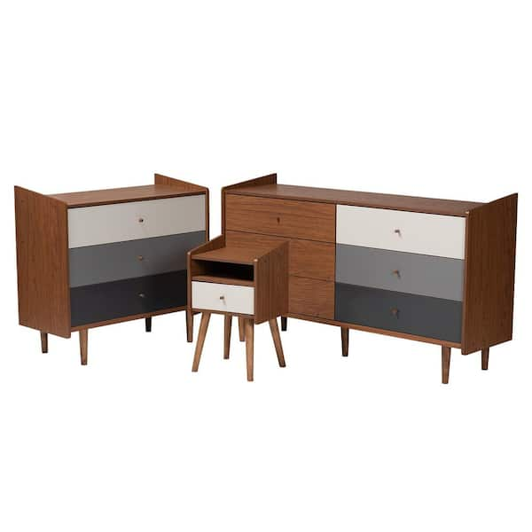 Baxton Studio Halden 3 Piece Multicolor and Walnut Brown Bedroom