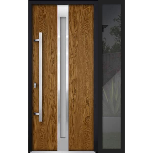 VDOMDOORS 48 in. x 80 in. Right-Hand/Inswing Sidelight Frosted Glass Natural Oak Steel Prehung Front Door with Hardware
