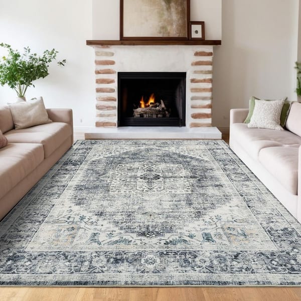 Gray 8x10 Vintage Persian Style Area Rug Faux Cashmere Polyester