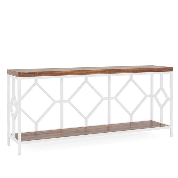 BYBLIGHT Turrella 70.9 in. BrownandWhite Extra Long Rectangle Wood Console Table Behind Couch Table with Storage Shelves 2-Tier