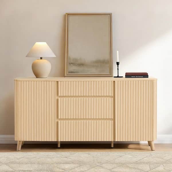 Kaia Natural Oak Wood Sideboard with Wave Panel Doors, Adjustable Shelves,3 Drawers, Scratch-Resistant Storage Cabinet