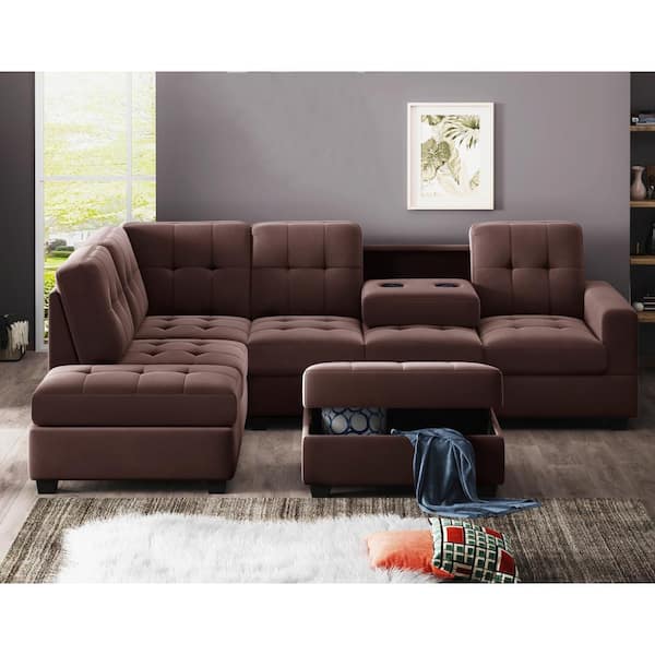 Chaise Lounge Storage Ottoman, Brown Leather And Suede Sectional