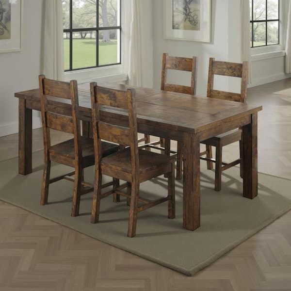 Caly 5-Piece Golden Brown and Beige Rectangle Wood Top Dining Table Set