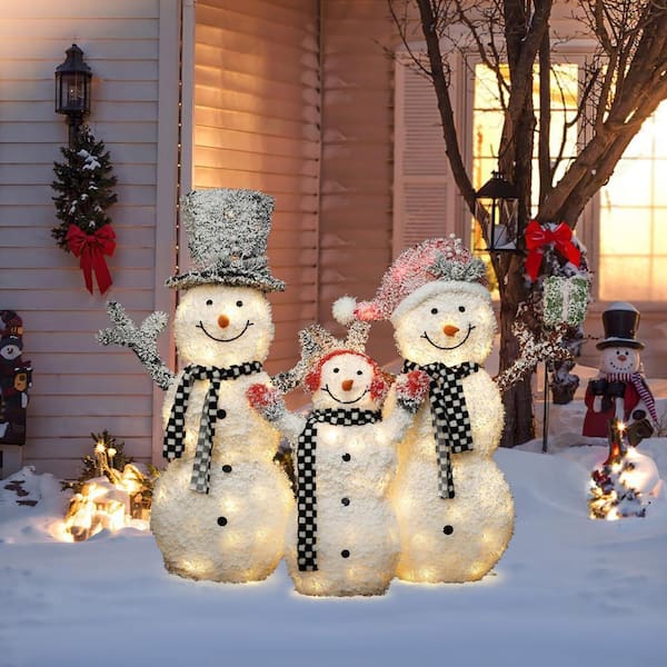 LuxenHome 46 in. 3-Piece Lighted Snowman Family, White Tinsel