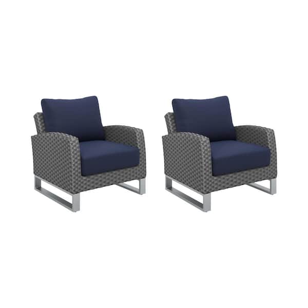 Benjara Fiji Gray Wicker Outdoor Lounge Chair with Blue Cushions (2-Pack)