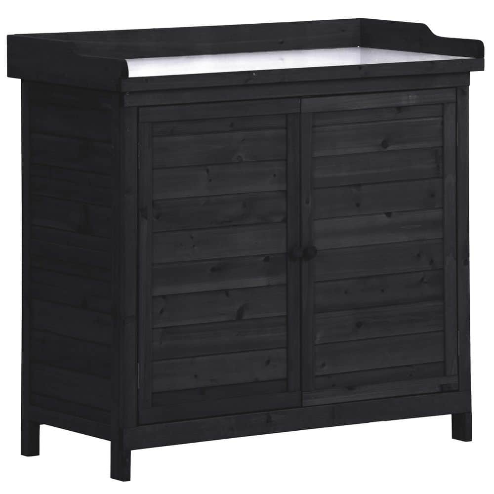 Outdoor Wood Garden Workstation Bench Storage Cabinet Table with 2-Tier She