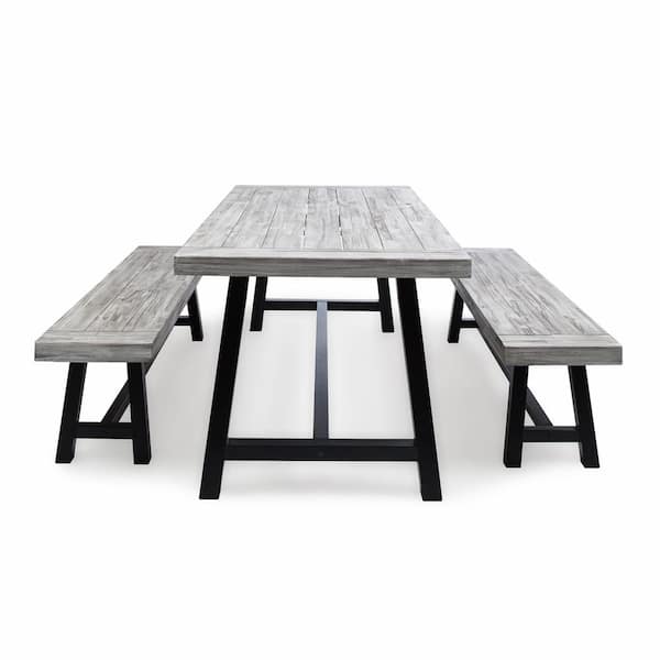 Noble House Carlisle Light Gray 3-Piece Wood and Black Metal Outdoor Dining Set