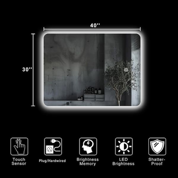 30 in. W x 40 in. H Rectangular Frameless LED Adjustable Backlit Wall Mirror Bathroom Vanity Mirror