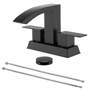 4 in. Centerset Double Handle Waterfall Spout Bathroom Faucet with Pop Up Drain Kit in Matte Black