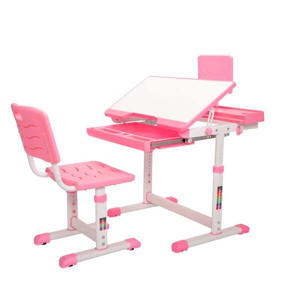  BABY JOY Kids Desk and Chair Set, Height Adjustable Child Desk  Set w/Tilt Desktop, Pull Out Drawer Storage, Metal Hook, Multifunctional  School Student Study Desk Chair for Boys & Girls (Grey) 