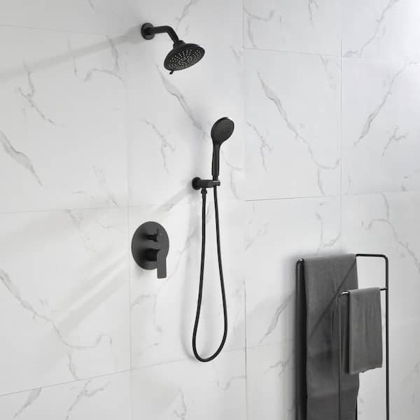 Tomfaucet 2-Spray Patterns 6 in. Wall Mount Dual Shower Heads Shower System with 3-Setting Hand Shower in Matte Black
