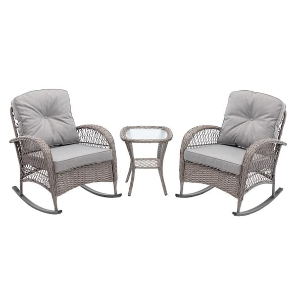 Unbranded 3-Piece Wicker Outdoor Rocking Chair Patio Conversation Set with Gray Cushions and Side Table