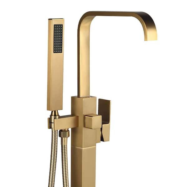 Single-Handle Floor-Mount Roman Tub Faucet with Hand Shower in Brushed Gold