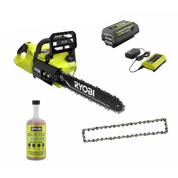 RYOBI 40V HP Brushless 14 in. Battery Chainsaw w Extra Chain Biodegradable Bar Chain Oil 4.0 Ah Battery Charger RY405100 CMB1 The Home Depot