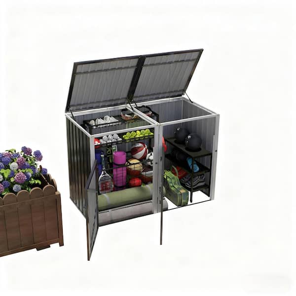 63 in. W x 32 in. D x 48 in. H Dark Gray Galvanized Metal Trash Can Storage for 2 Bins