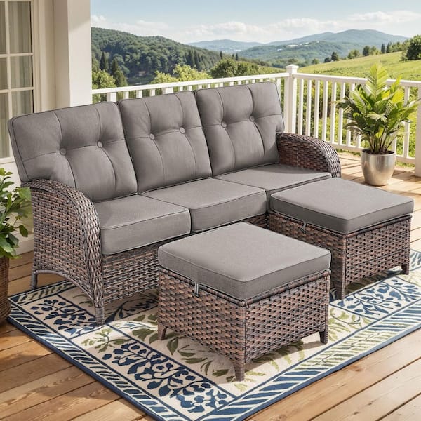 Brynn 3-Piece Brown Wicker Patio Couch Outdoor Sectional Sofa Set Furniture Set with Gray Cushions and Ottomans