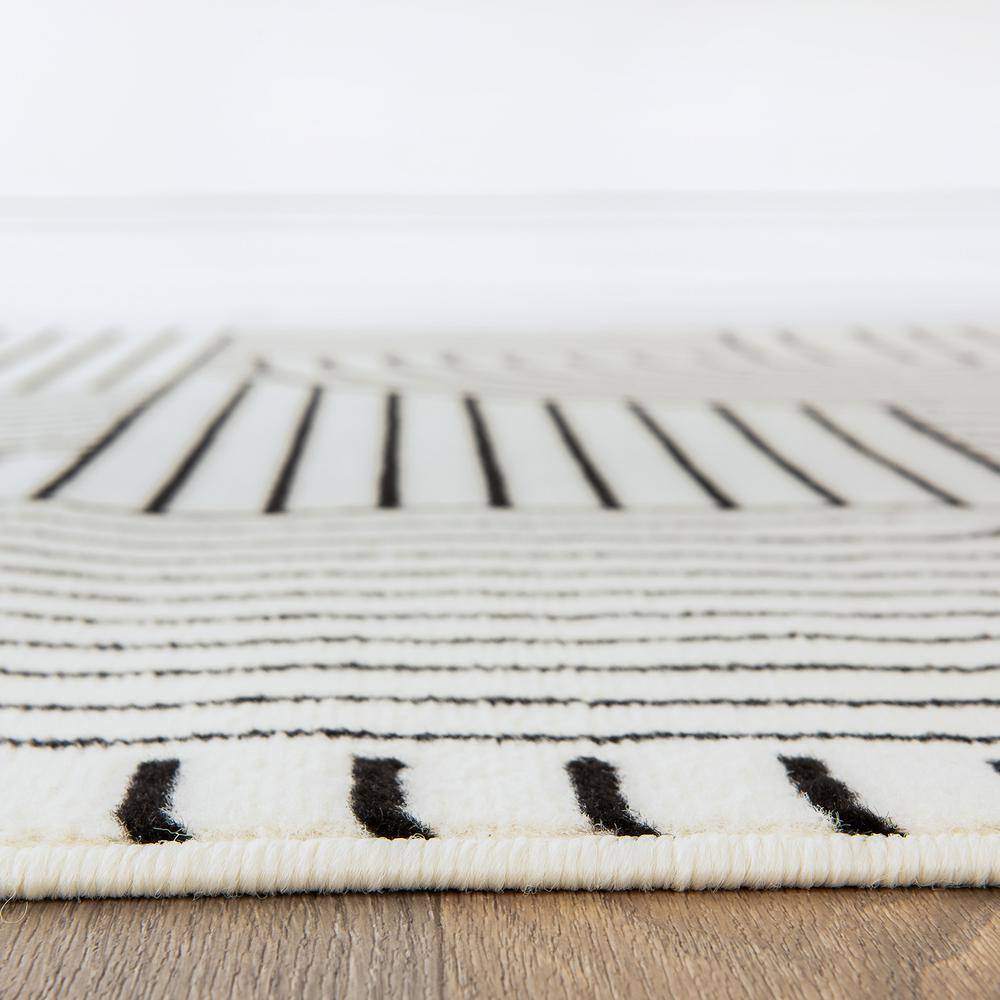 Cream and Black Abstract Synthetic Runner Rug, 2'x7'