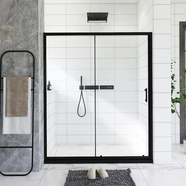 60 in. W x 72 in. H Sliding Framed Shower Door in Matte Black Finish with Clear Tempered Glass