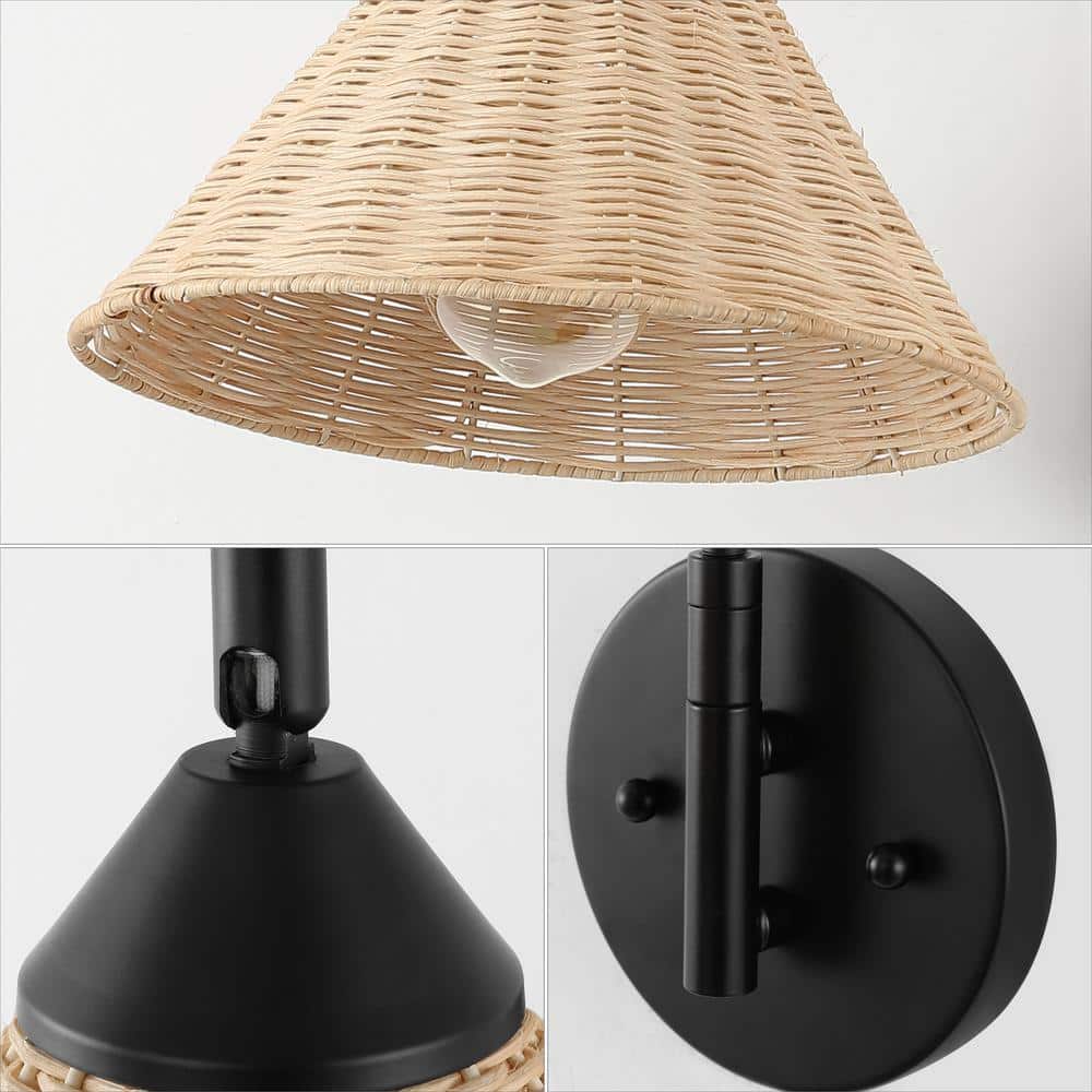Black Iron Swing Arm Sconce with Natural Woven Shade