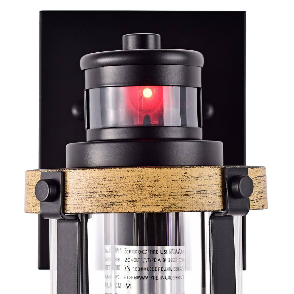Farmhouse Charm Black & Woodgrain Outdoor Wall Sconce with Motion Sensor