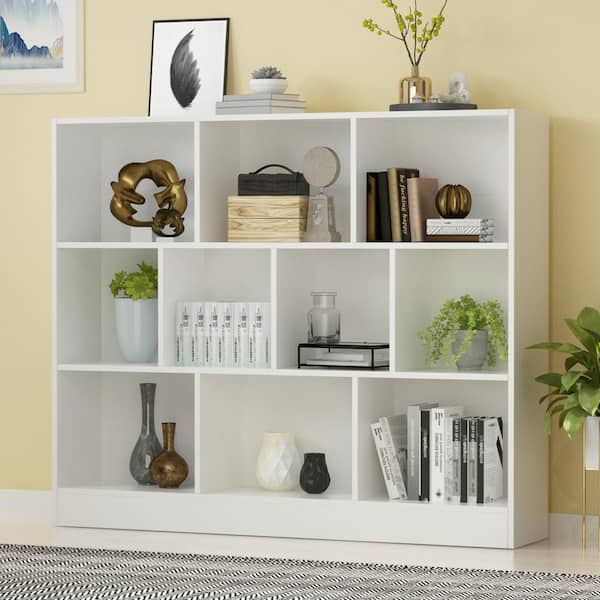 47.2 in. W x 40.9 in. H White Wooden 10-Shelf Freestanding Standard Bookcase Display Bookshelf With Cubes