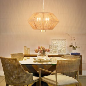 4-Light Spray Gold and Brown Dimmable Paper Rattan Lampshade Candle Chandelier for Living Room with No Bulbs Included