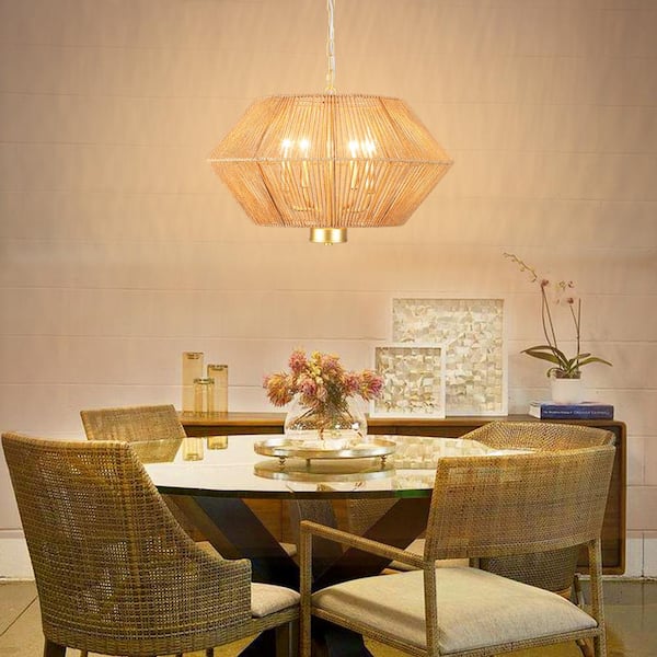 4-Light Spray Gold and Brown Dimmable Paper Rattan Lampshade Candle Chandelier for Living Room with No Bulbs Included
