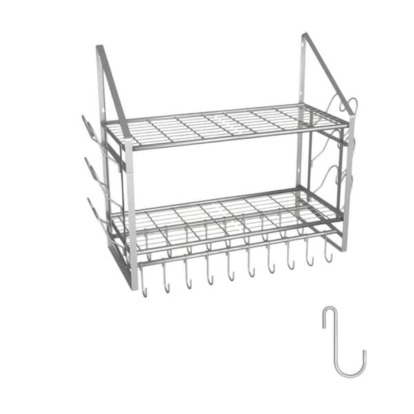 28 in. 2-Tier Wall Mounted Pot Rack with 20 Hooks and 6 Pot Lid Holders for Kitchen Cookware Utensils Storage, Silver