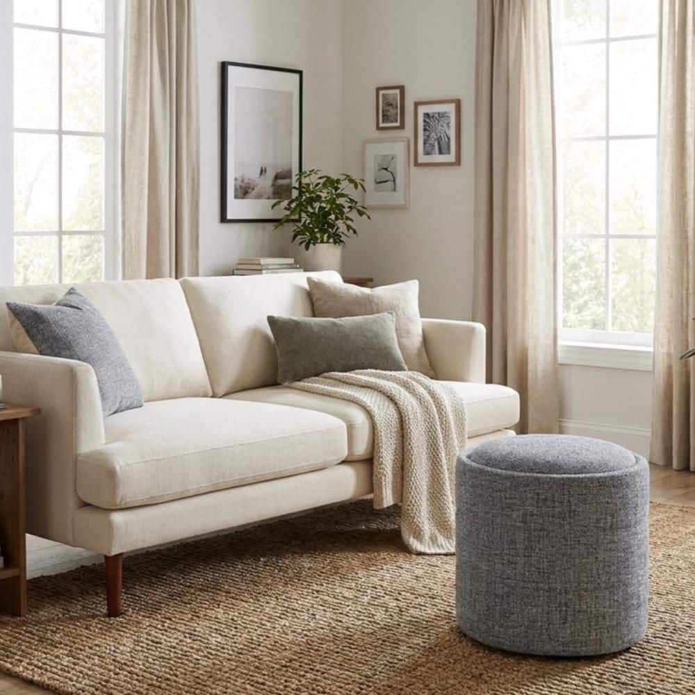 Blue Gray Woven Fabric Round Ottoman with Storage