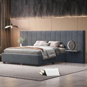 Oversize Headboard Gray Wood Frame Full Velvet Upholstered Platform Bed with Bedside Storage Shelves