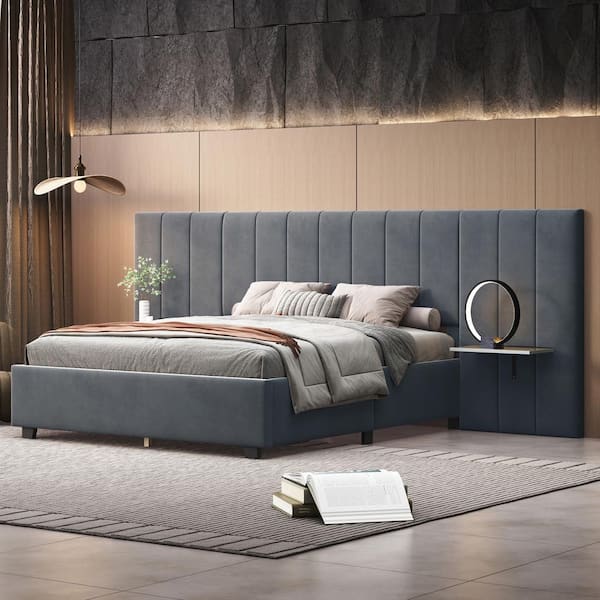 Harper & Bright Designs Oversize Headboard Gray Wood Frame Full Velvet Upholstered Platform Bed with Bedside Storage Shelves