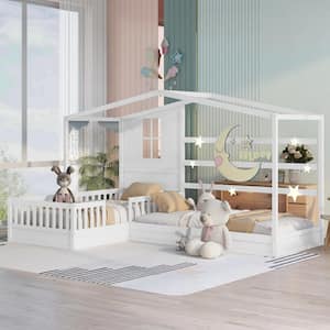 White Twin Size L-Shaped Wood House Bed for Kids, 2 Twin Solid Bed L Structure with Fence and Slatted Frame
