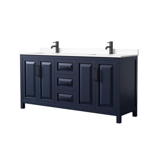 Wyndham Collection Daria 72 in. W x 22 in. D x 35.75 in. H Double Bath Vanity in Dark Blue with White Cultured Marble Top