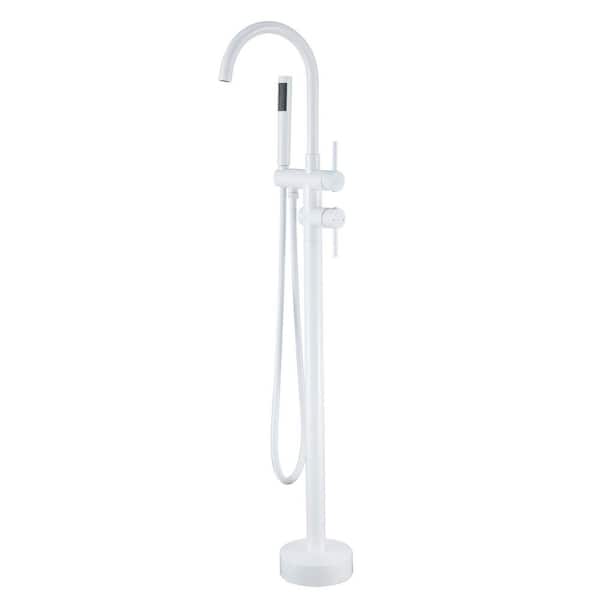 2-Handle Square Freestanding Tub Faucet with Diverter and Hand Shower in. White