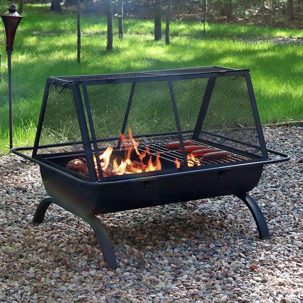 36-Inch Black Steel Outdoor Fire Pit with Grill and Spark Screen