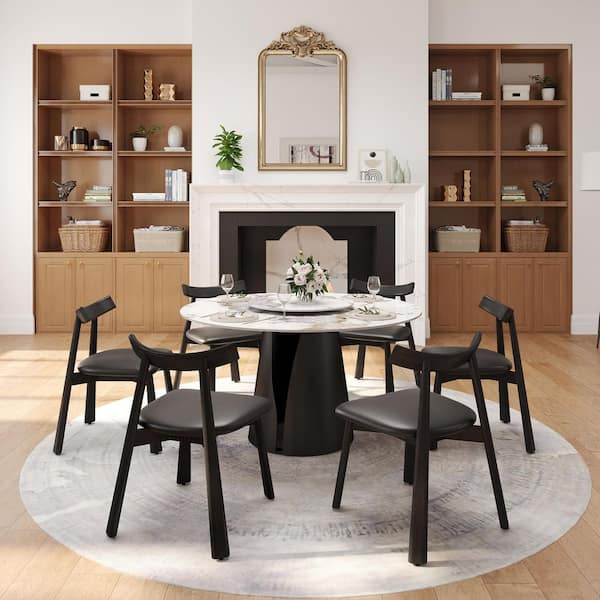 Black Microfiber Leather Dining Chair (Set of 6), Upholstered Side Chairs with Metal Legs for Dining Room