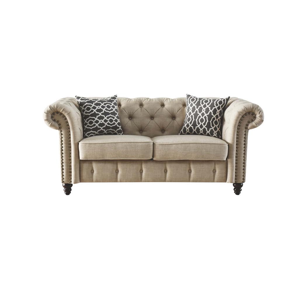 Beige Linen Tufted Loveseat with Nailhead Trim