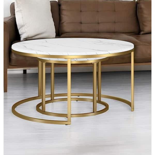 HomeRoots 35 in. Gold Round Faux Marble Coffee Table