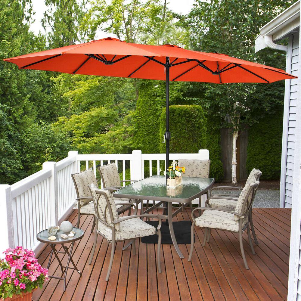 15 ft Orange Double-Sided Patio Umbrella with Crank and Base