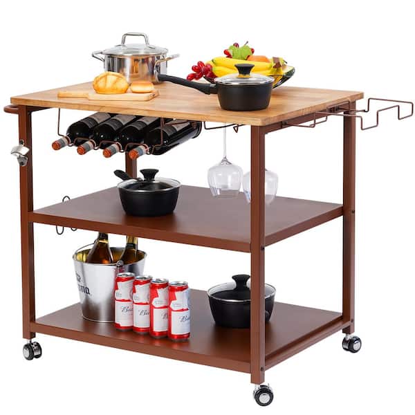 Unbranded White Mobile Kitchen Islands Lockable Wheels with Wood Countertop Spice Rack Drawer Doors Wine Glass Holder