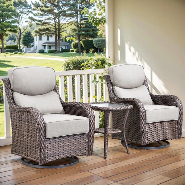 Arcadia Brown 3-Piece Wicker Swivel Rocker Patio Conversation Set with 6 in. Thick Beige Cushions and Side Table