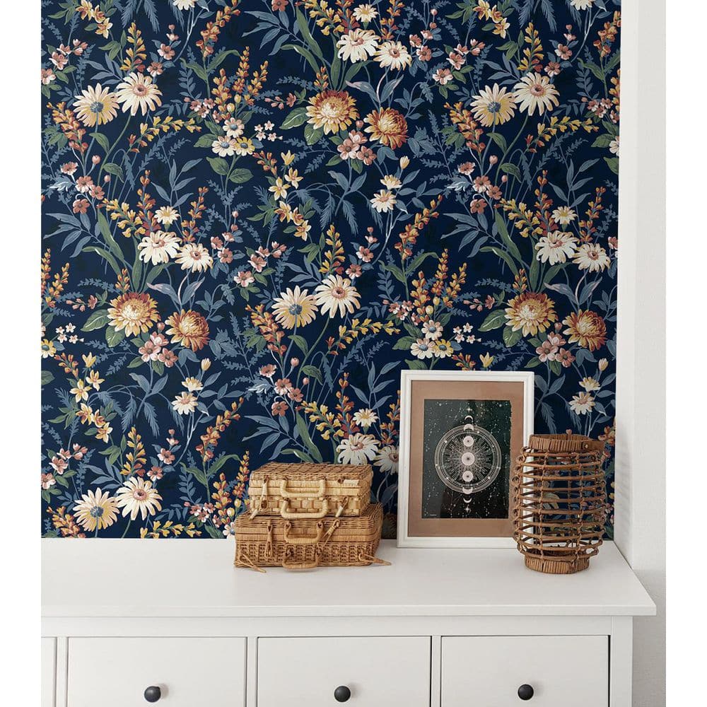 Navy Blue Vinyl Floral Peel and Stick Wallpaper Roll