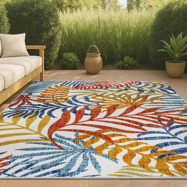 JONATHAN Y Tropics Palm Leaves Cream/Orange 8 ft. x 10 ft. Floral Indoor/Outdoor Area Rug