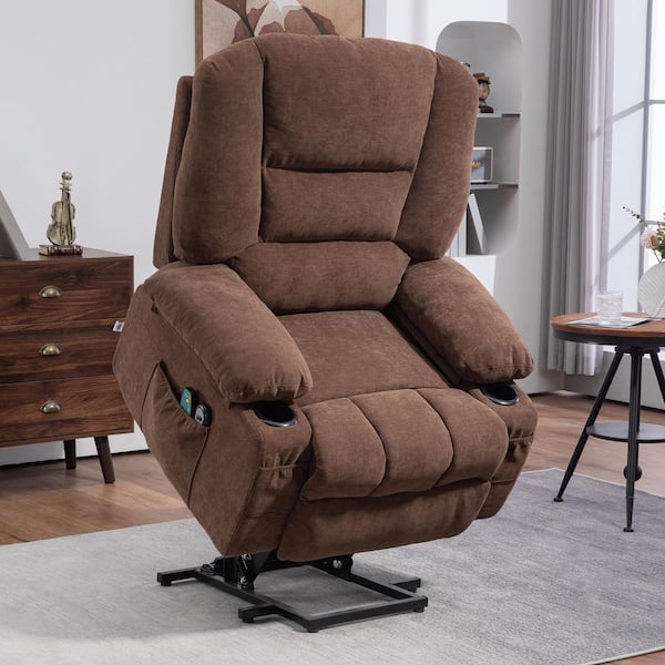 HOMCOM Brown Chenille Power Lift Recliner with Vibration Massage and Heat