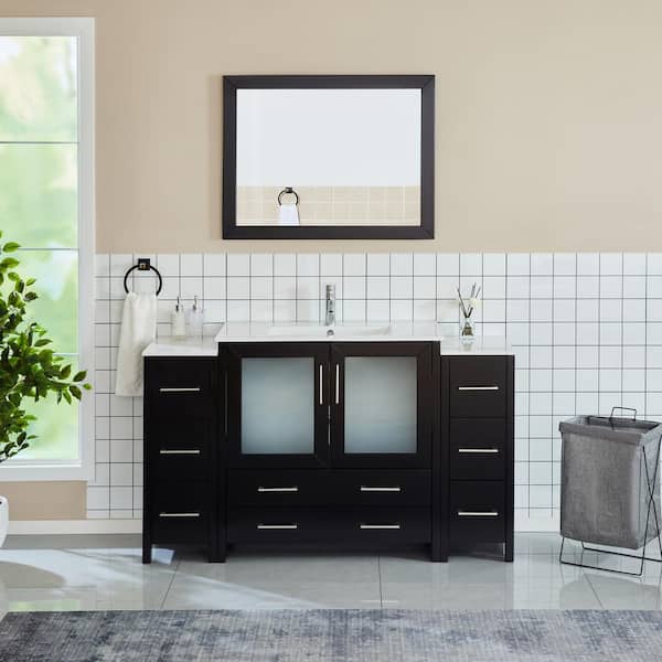 Vanity Art 60 in. W x 18 in. D x 36 in. H Bathroom Vanity in Espresso with Single Basin Vanity Top in White Ceramic and Mirror