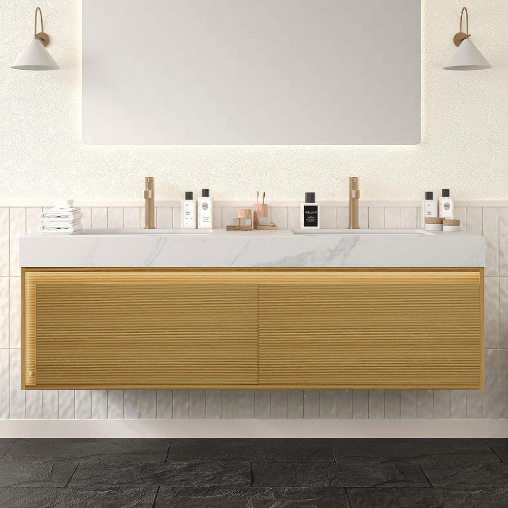 TCYO 60 in. Wall-Mounted Light Oak Bath Vanity with Carrara White ...