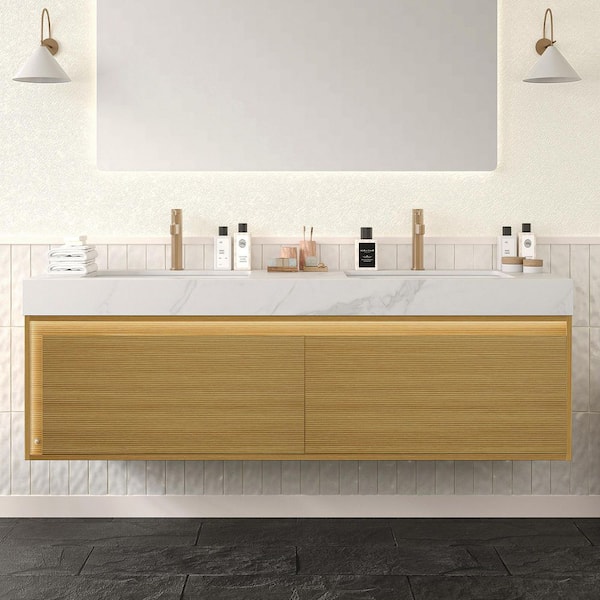 60 in. Wall-Mounted Light Oak Bath Vanity with Carrara White Sintered Stone Top Pre-Assembled