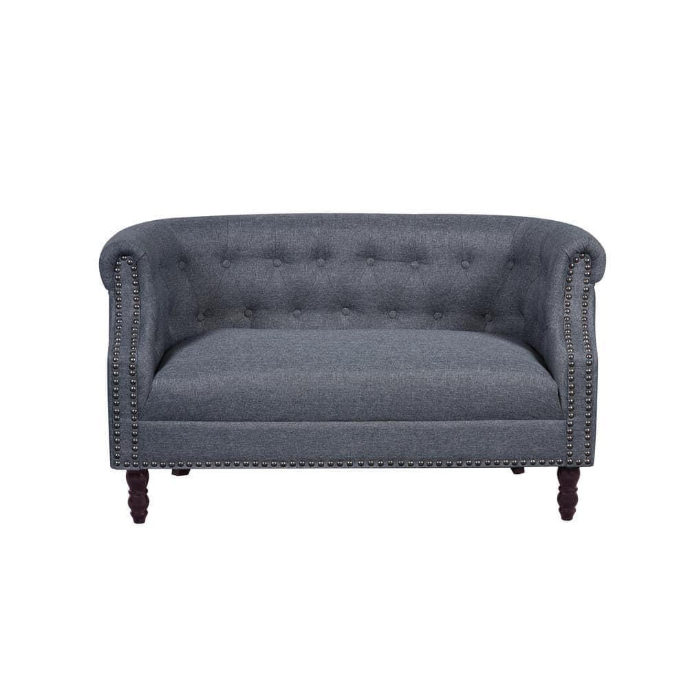 Huton 53.5 in. Dark Grey Button Tufted Linen 2-Seater Loveseat with Nailhea