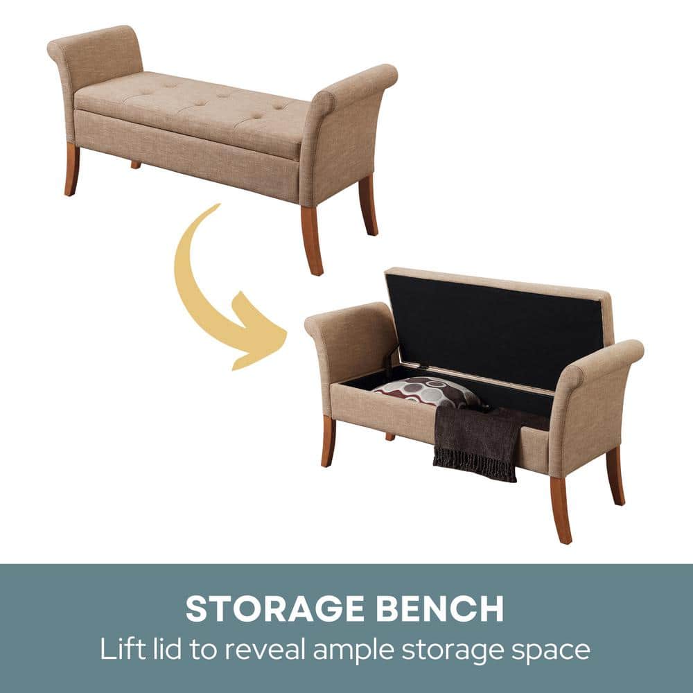 Classic Tan Fabric Rolled Arm Storage Bench with Solid Wood Feet
